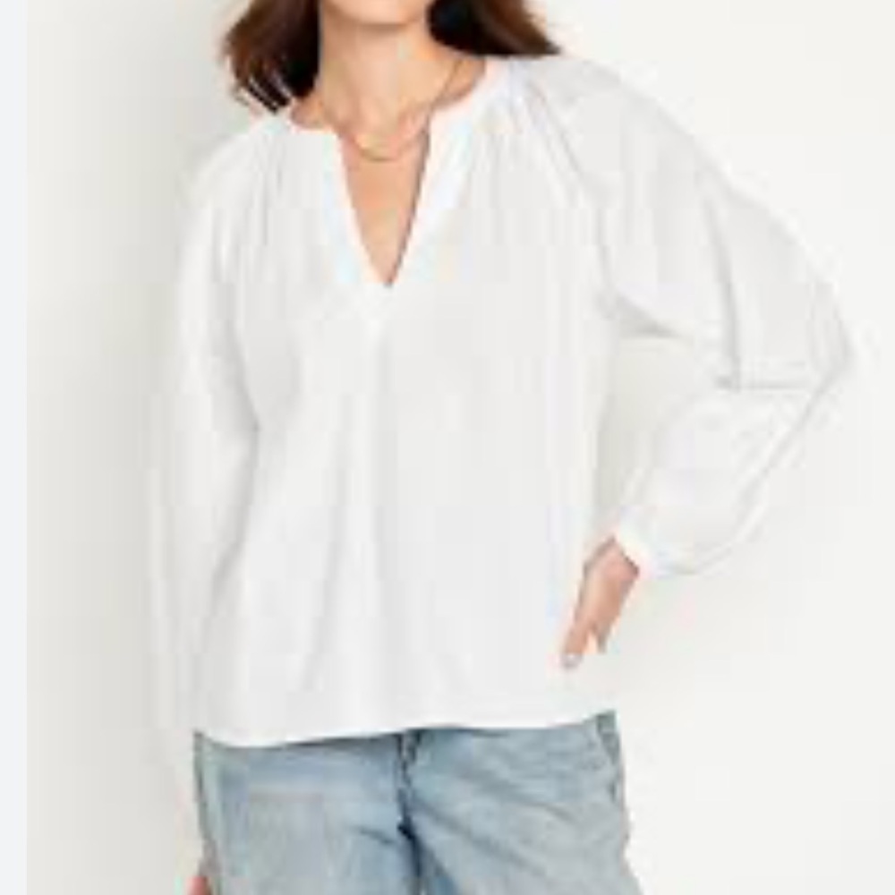 Old Navy White Long Sleeve Split Neck Blouse